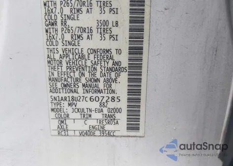 2007 Nissan Pathfinder Se z USA, uszkodzony, nr VIN 5N1AR18U27C607285